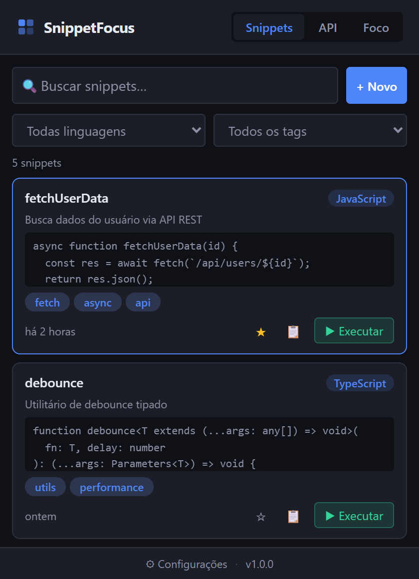 SnippetFocus extension popup showing the snippet list